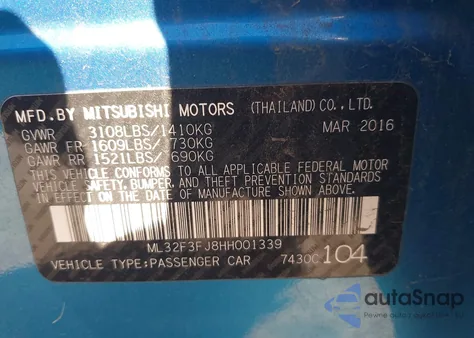 2017 Mitsubishi Mirage G4 Es из США, поврежденный, VIN ML32F3FJ8HH001339
